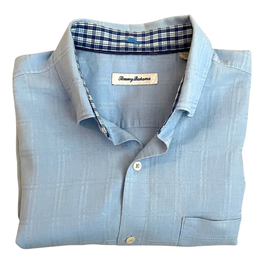 Tommy Bahama Mens Button Down L/S Shirt LG Lt Blue Textured Contrasting Collar
